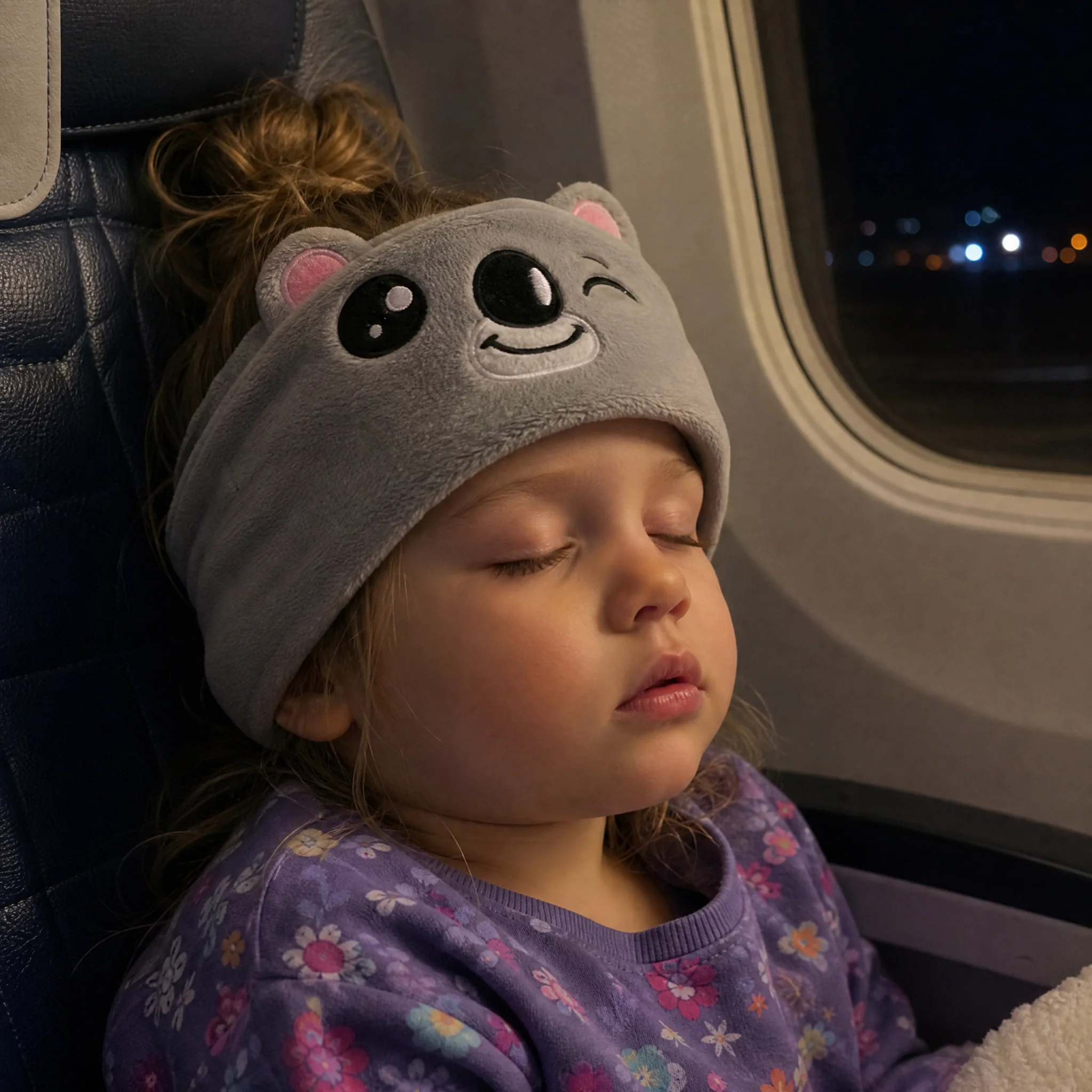Toddler fast asleep on a plane wearing a Hushaboo headband