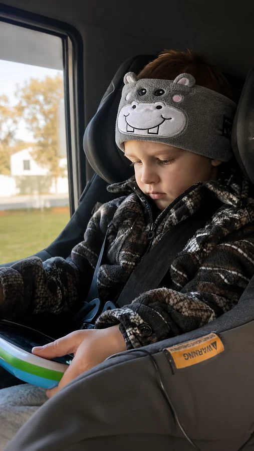Boy calm in his car seat wearing a Hushaboo headband